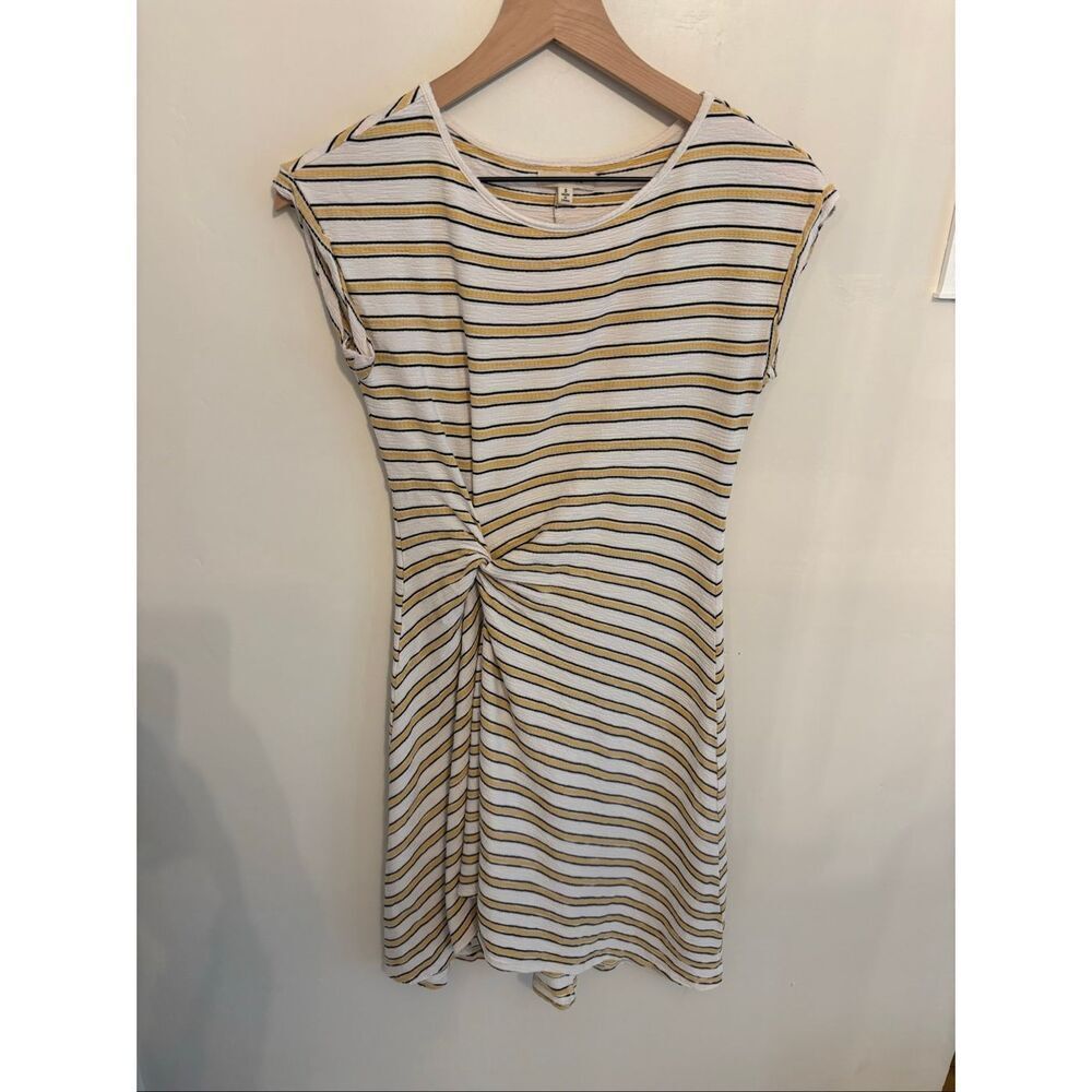 Max Studio Striped Ruched Dress Size Small Black White Yellow Stretch Mini
